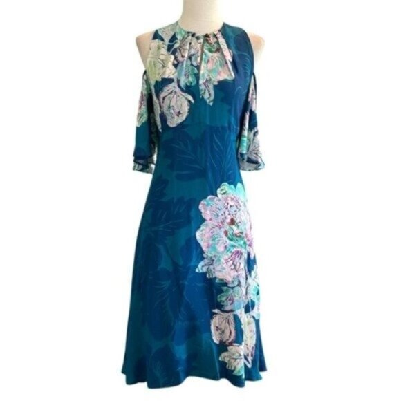 Anthropologie Maeve Elia Flutter Sleeve Cold Shoulder Green Floral Dress Size 6 - Picture 4 of 8